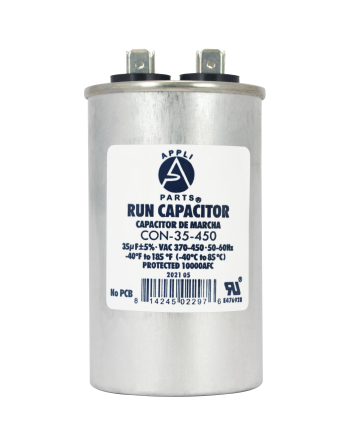 Appli Parts Run Capacitor for ac 35 Mfd uF (microfarads) 370 VAC or 450 VAC CBB65 Round Universal fit for hvac and other applications 3-5/8 in High 1-7/8 in Wide CON-35-450
