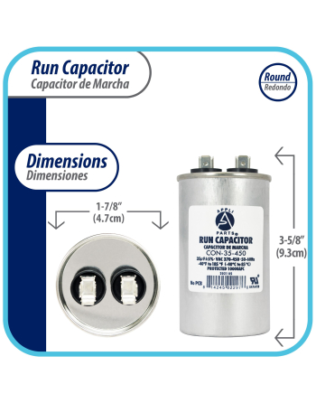 Appli Parts Run Capacitor for ac 35 Mfd uF (microfarads) 370 VAC or 450 VAC CBB65 Round Universal fit for hvac and other applications 3-5/8 in High 1-7/8 in Wide CON-35-450
