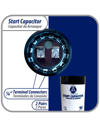 Appli Parts motor start capacitor 340-408 Mfd (microfarads) uF 110-125VAC universal fit for electric motor applications 1-7/16 in Wide 3-3/8 in Height CON-340-110
