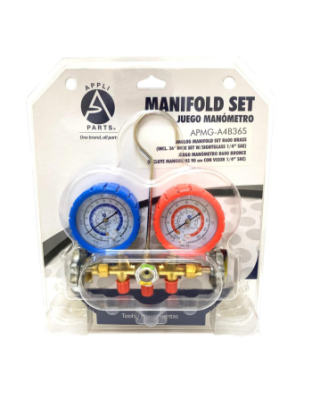 Appli Parts Manifold Gauge Set for R-600 Dual Pressure psi Bar Temperature Fahrenheit Celsius Scales Brass Body with Sight-glass Includes 36in Hose Set 1/4in SAE APMG-A4B36S