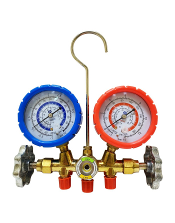 Appli Parts Manifold Gauge Set for R-600 Dual Pressure psi Bar Temperature Fahrenheit Celsius Scales Brass Body with Sight-glass Includes 36in Hose Set 1/4in SAE APMG-A4B36S