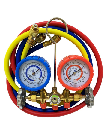 Appli Parts Manifold Gauge Set for R-600 Dual Pressure psi Bar Temperature Fahrenheit Celsius Scales Brass Body with Sight-glass Includes 36in Hose Set 1/4in SAE APMG-A4B36S