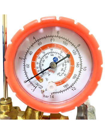 Appli Parts Manifold Gauge Set for R-600 Dual Pressure psi Bar Temperature Fahrenheit Celsius Scales Brass Body with Sight-glass Includes 36in Hose Set 1/4in SAE APMG-A4B36S