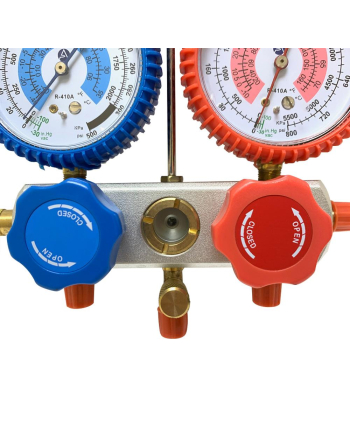 Appli Parts Manifold Gauge Set for R410A Aluminum Body With Sight-glass Includes 36 inch Hose Set 5/16 inch SAE Red/Blue 1/4 inch SAE Yellow APMG-A1A36S