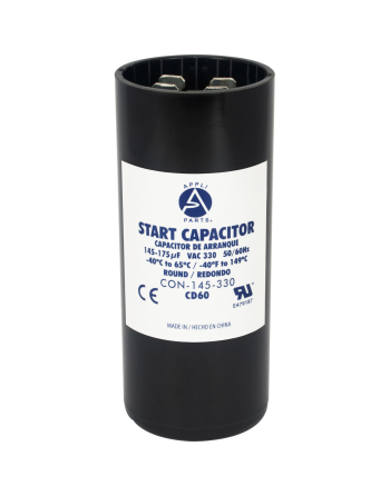 Appli Parts motor start capacitor 145-175 Mfd (microfarads) uF 330VAC universal fit for electric motor applications 1-7/16 in Wide 3-3/8 in Height CON-145-330

