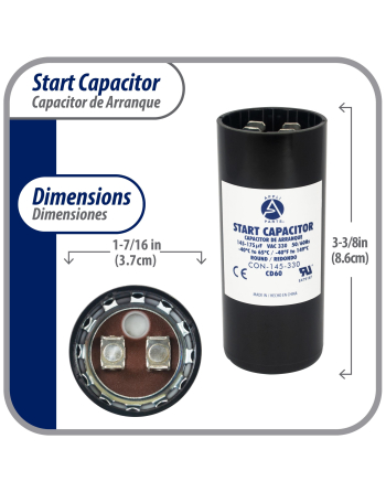 Appli Parts motor start capacitor 145-175 Mfd (microfarads) uF 330VAC universal fit for electric motor applications 1-7/16 in Wide 3-3/8 in Height CON-145-330


