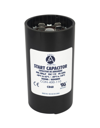 Appli Parts motor start capacitor 400-480 Mfd (microfarads) uF 110-125VAC universal fit for electric motor applications 1-3/4 in Wide 3-3/8 in Height CON-400-110

