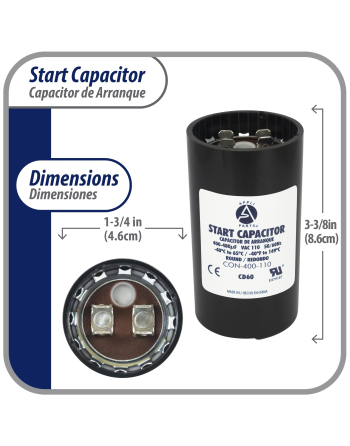 Appli Parts motor start capacitor 400-480 Mfd (microfarads) uF 110-125VAC universal fit for electric motor applications 1-3/4 in Wide 3-3/8 in Height CON-400-110

