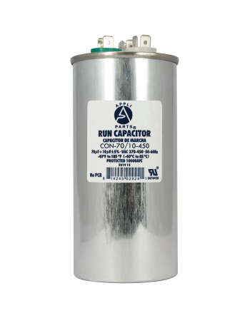 Appli Parts Dual Run Capacitor for ac 70+10 Mfd uF (microfarads) 370VAC or 450VAC CBB65 Round Universal fit for hvac and other applications 5-1/4 in High 2-1/4 in Wide CON-70/10-450