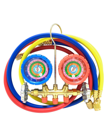 Appli Parts AC Manifold Gauge Set R134/R22/R404/R410a Pressure psi Temperature Fahrenheit Scales Brass Body Includes 5/16in to 1/4in SAE Adapter and 36in Hose Set 1/4in SAE APMG-A3B36