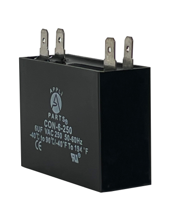 Appli Parts Fan Capacitor 6 mfd (microfarads) uf 250 VAC 4 Terminal Connections compatible with any brand within the same range of capacitance 1-7/8in Width 3/4in Depth 1-3/4in Height CAP-6-250