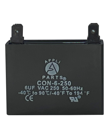 Appli Parts Fan Capacitor 6 mfd (microfarads) uf 250 VAC 4 Terminal Connections compatible with any brand within the same range of capacitance 1-7/8in Width 3/4in Depth 1-3/4in Height CAP-6-250