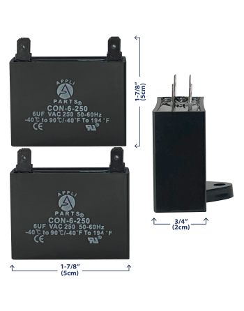 Appli Parts Fan Capacitor 6 mfd (microfarads) uf 250 VAC 4 Terminal Connections compatible with any brand within the same range of capacitance 1-7/8in Width 3/4in Depth 1-3/4in Height CAP-6-250