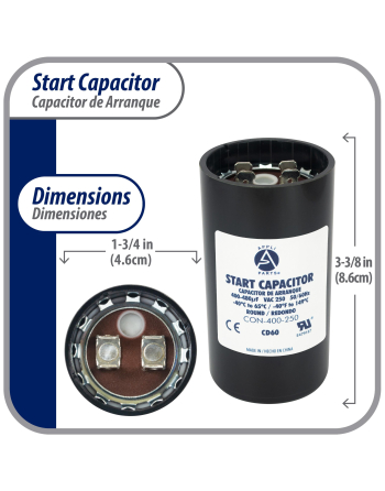 Appli Parts motor start capacitor 400-480 Mfd (microfarads) uF 250VAC universal fit for electric motor applications 1-3/4 in Diameter 4-3/8 in Height CON-400-250 
