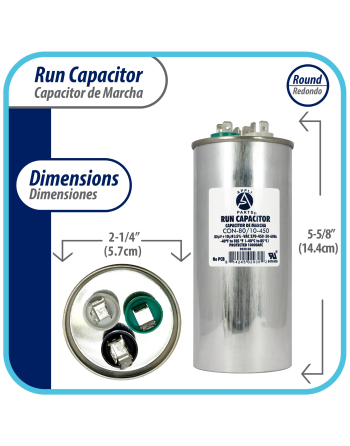 Appli Parts Dual Run Capacitor for ac 80+10 Mfd uF (microfarads) 370VAC or 450VAC CBB65 Round Universal fit for hvac and other applications 5-5/8 in High 2-1/4 in Wide CON-80/10-450