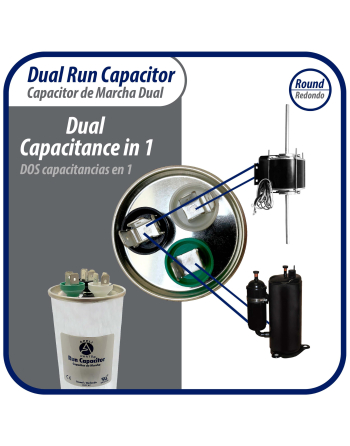 Appli Parts Dual Run Capacitor for ac 80+10 Mfd uF (microfarads) 370VAC or 450VAC CBB65 Round Universal fit for hvac and other applications 5-5/8 in High 2-1/4 in Wide CON-80/10-450