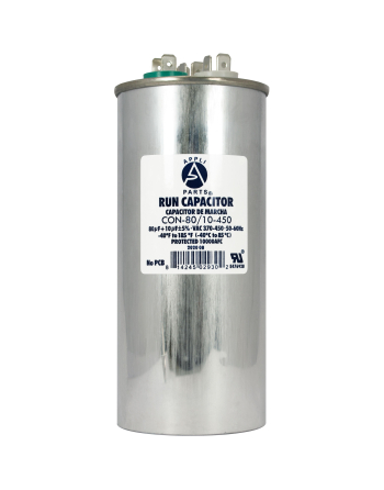 Appli Parts Dual Run Capacitor for ac 80+10 Mfd uF (microfarads) 370VAC or 450VAC CBB65 Round Universal fit for hvac and other applications 5-5/8 in High 2-1/4 in Wide CON-80/10-450