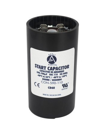 Appli Parts motor start capacitor 590-708 Mfd (microfarads) uF 110-125VAC universal fit for electric motor applications 1-3/4 in Wide 3-3/8 in Height CON-590-110
