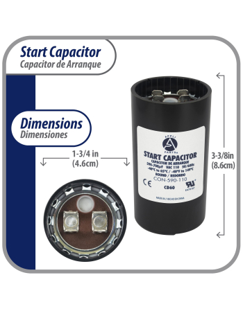 Appli Parts motor start capacitor 590-708 Mfd (microfarads) uF 110-125VAC universal fit for electric motor applications 1-3/4 in Wide 3-3/8 in Height CON-590-110
