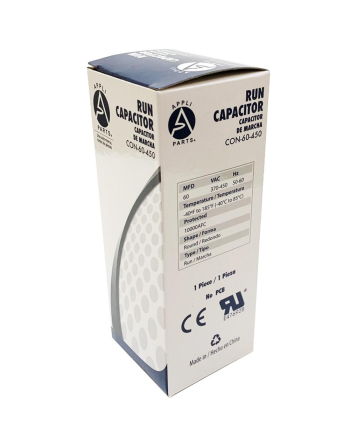 Appli Parts Run Capacitor for ac 60 Mfd uF (microfarads) 370 VAC or 450 VAC CBB65 Round Universal fit for hvac and other applications 5-7/16 in High 2 in Wide CON-60-450