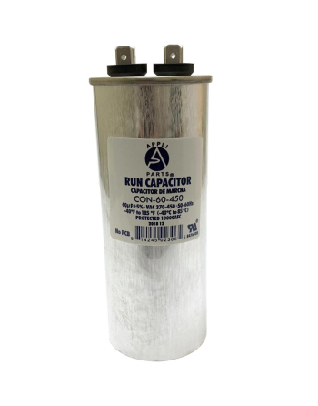 Appli Parts Run Capacitor for ac 60 Mfd uF (microfarads) 370 VAC or 450 VAC CBB65 Round Universal fit for hvac and other applications 5-7/16 in High 2 in Wide CON-60-450