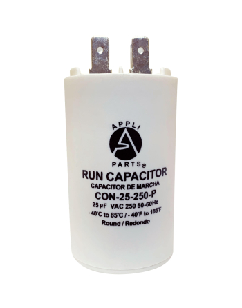 Appli Parts Run Capacitor for electric motors 25 Mfd uF (microfarads) 250VAC Plastic Case with terminals CBB60 Round Universal fit water pumps and others 3-1/8 in High 1-5/8 in Wide CON-25-250-P