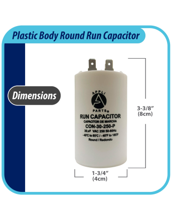 Appli Parts Run Capacitor for electric motors 30 Mfd uF (microfarads) 250VAC Plastic Case with terminals CBB60 Round Universal fit water pumps and others 3-3/8 in High 1-3/4 in Wide CON-30-250-P