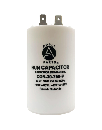 Appli Parts Run Capacitor for electric motors 30 Mfd uF (microfarads) 250VAC Plastic Case with terminals CBB60 Round Universal fit water pumps and others 3-3/8 in High 1-3/4 in Wide CON-30-250-P
