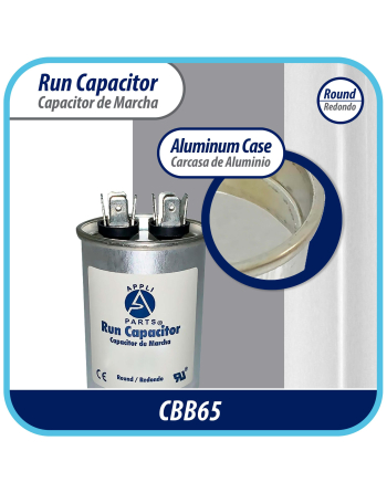 Appli Parts Run Capacitor for ac 6 Mfd uF (microfarads) 370 VAC or 450 VAC CBB65 Round Universal fit for hvac and other applications 2-1/2 in High 1-1/2 in Wide CON-6-450