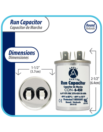 Appli Parts Run Capacitor for ac 6 Mfd uF (microfarads) 370 VAC or 450 VAC CBB65 Round Universal fit for hvac and other applications 2-1/2 in High 1-1/2 in Wide CON-6-450