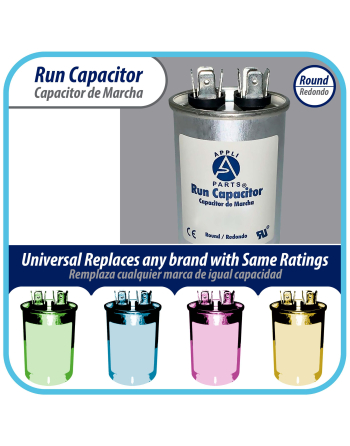 Appli Parts Run Capacitor for ac 6 Mfd uF (microfarads) 370 VAC or 450 VAC CBB65 Round Universal fit for hvac and other applications 2-1/2 in High 1-1/2 in Wide CON-6-450