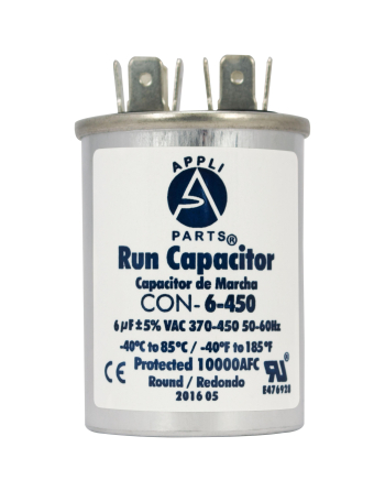 Appli Parts Run Capacitor for ac 6 Mfd uF (microfarads) 370 VAC or 450 VAC CBB65 Round Universal fit for hvac and other applications 2-1/2 in High 1-1/2 in Wide CON-6-450