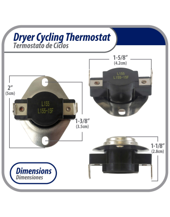 Appli Parts Cycling thermostat L155-15F universal replacement for multiple brand dryers older commercial models only 2 connections APTD-L155 Fits: 60T11 D501759