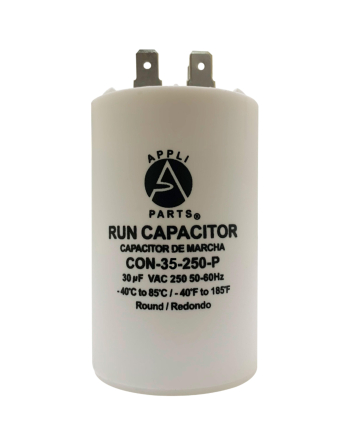 Appli Parts Run Capacitor for electric motors 35 Mfd uF (microfarads) 250VAC Plastic Case with terminals CBB60 Round Universal fit water pumps and others 3-3/8 in High 1-3/4 in Wide CON-35-250-P