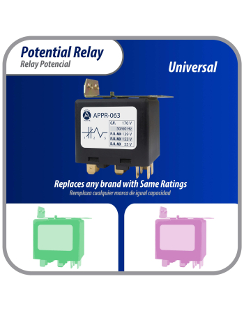 Appli Parts Potential Relay 063 Coil Voltage 170V Min Pick up 139V Max Pick up 153V Max Drop Out 55V 50/60 Hz Universal replacement for HVAC and Refrigeration units APPR-063