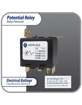 Appli Parts Potential Relay 063 Coil Voltage 170V Min Pick up 139V Max Pick up 153V Max Drop Out 55V 50/60 Hz Universal replacement for HVAC and Refrigeration units APPR-063