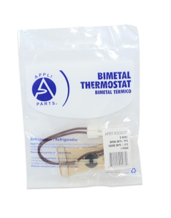 Appli Parts Bimetal Thermostat 2 Wire, Open 48 F and Close 28 F, 1 Plug, brown and brown colored wires, Model APBT-R3003P, Reference BIM-3003 / Thermodisc