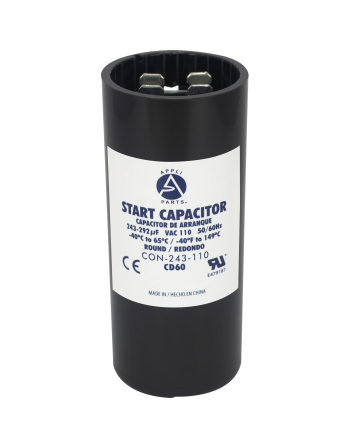 Appli Parts motor start capacitor 243-292 Mfd (microfarads) uF 110-125VAC universal fit for electric motor applications 1-7/16 in Wide 3-3/8 in Height CON-243-110