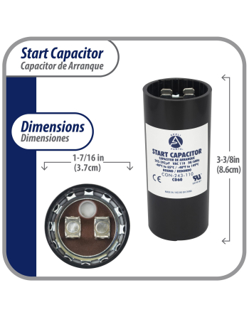 Appli Parts motor start capacitor 243-292 Mfd (microfarads) uF 110-125VAC universal fit for electric motor applications 1-7/16 in Wide 3-3/8 in Height CON-243-110