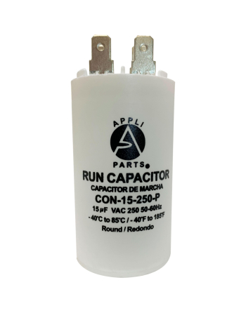 Appli Parts Run Capacitor for electric motors 15 Mfd uF (microfarads) 250VAC Plastic Case with terminals CBB60 Round Universal fit water pumps and others 3 in High 1-3/8 in Wide CON-15-250-P