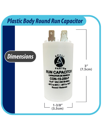 Appli Parts Run Capacitor for electric motors 15 Mfd uF (microfarads) 250VAC Plastic Case with terminals CBB60 Round Universal fit water pumps and others 3 in High 1-3/8 in Wide CON-15-250-P