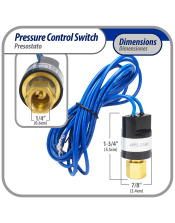 Appli Parts Pressure control switch Low Open 25 psi Close 80 psi 39-3/8in cable SPST 1/4in female connection Automatic Reset universal air conditioning applications APPS-2580