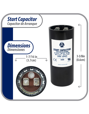 Appli Parts motor start capacitor 88-108 Mfd (microfarads) uF 330VAC universal fit for electric motor applications 1-7/16 in Wide 3-3/8 in Height CON-88-330

