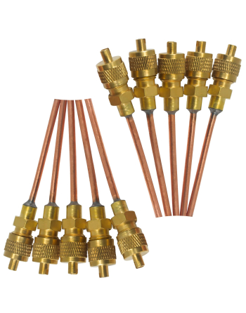 Appli Parts 10 Pack Access Schrader Valve 1/4 SAE x 1/8 OD x 2 inch Copper Stem with Valve Core and Cap with gasket and core remover for AC and refrigeration systems APVS-14182K10