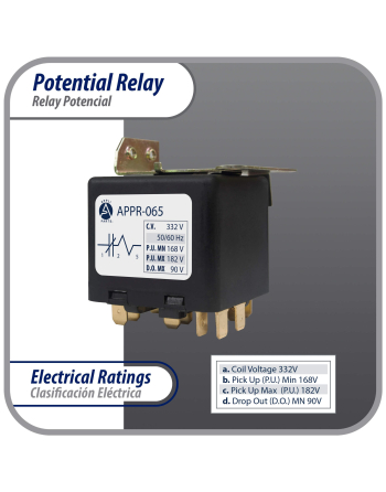 Appli Parts Potential Relay 065 Coil Voltage 332V Min Pick up 168V Max Pick up 182V Max Drop Out 90V 50/60 Hz Universal replacement for HVAC and Refrigeration units APPR-065