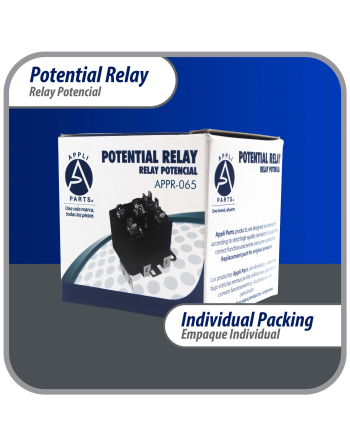 Appli Parts Potential Relay 065 Coil Voltage 332V Min Pick up 168V Max Pick up 182V Max Drop Out 90V 50/60 Hz Universal replacement for HVAC and Refrigeration units APPR-065