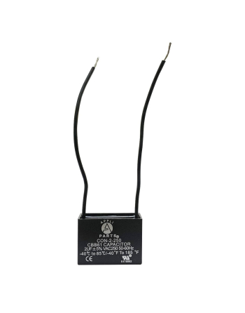 Appli Parts Fan Capacitor 2 mfd (microfarads) uf 250 VAC with 2 Wire Terminal Connections compatible with any brand with same capacitance 1-1/2in Width 5/8in Depth 1in Height CAP-2-250-2C
