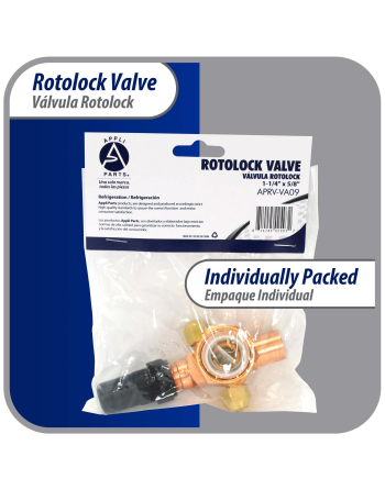 Appli Parts Rotolock Valve V09 1-1/4 in x 5/8 in ODF solder connection Universal replacement valve will work for refrigeration and air conditioning systems APRV-VA09