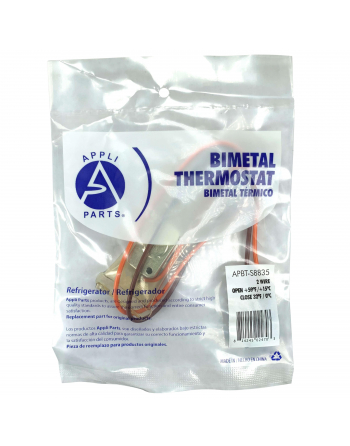 Appli Parts Bimetal Thermostat 2 Wire, Open 59F and Close 32F, orange and brown colored wires, Model APBT-S8835 
Reference: BIM-8835  RO40504 Thermodisc