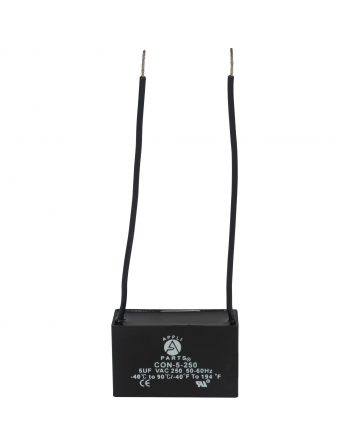 Appli Parts Fan Capacitor 5 mfd (microfarads) uf 250 VAC with 2 Wire Terminal Connections compatible with any brand with same capacitance 1-7/8in Width 3/4in Depth 1-1/8in Height CAP-5-250-2C